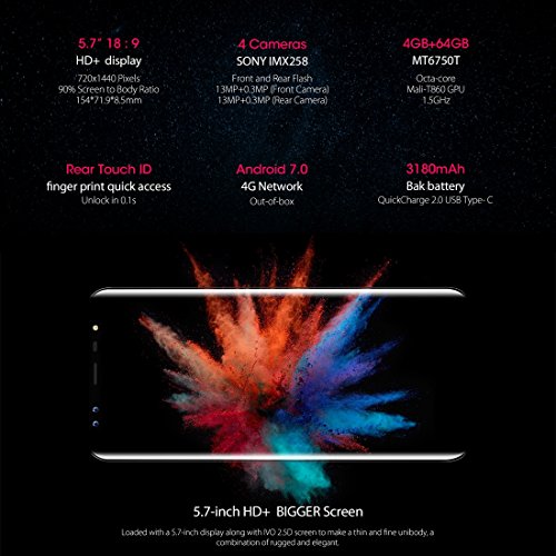 Blackview S8Â sbloccato smartphone 4Â GB + GB doppia fotocamera posteriore + Dual fotocamere anteriore identificazione delle impronte digitali 14,5Â cm Android 7.0Â MTK6750T Octa Core a 1.5Â GHz con 4Â G network, Dual SIM, OTG