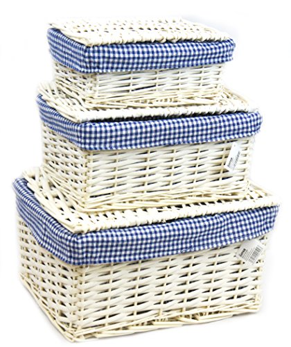 Arpan Set of 3 Lidded Wicker Storage Xmas Hamper Basket With blue Gingham Lining by ARPAN