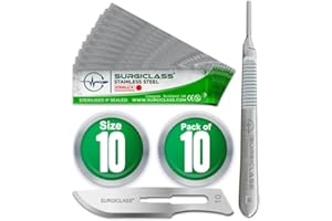 SURGICLASS Skalpellklingen Figur 10 aus Edelstahl 10 Stück steril + Skalpell-Halter - Edelstahl Perfekt für Holzkunst, Chirurgie, Bildhauerei, Laboranatomie, Kartenherstellung, Labortraining SURGIGR10-10