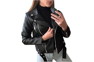 Youning Damen PU Lederjacke Bikerjacke mit Reißverschluss Super Coole Kurze Jacke mit Reverskragen Biker Motorrad Jacke Mantel Trenchcoat Übergangs Jacke