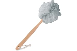 Harewu Esponja de lufa grande para baño, cepillo de espalda para el cuerpo de baño, con mango largo de madera y esponja de baño, luffa de malla suave en un palo para hombres y mujeres (blanco) (gris)