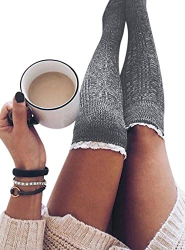 Newday Heaven Womens Thigh High Stockings Knitted Crochet Lace Trim Cotton Over the Knee Long Leg Warmers Boot Socks Leggings