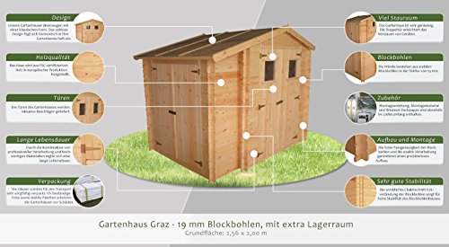 Gartenhaus Graz – 2,56 x 2,00 Meter aus 19mm Blockbohlen mit extra Lagerraum - 3