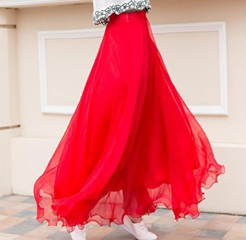 Women Long Skirt Summer Casual Fashion High Waist Chiffon Pleated Skirts Beach Sexy Tulle Black Maxi Skirt Boho , red , l