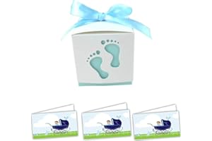 C.X.Y. 100pz Scatola Cubo Passeggino + Bigliettini Da Bomboniera Preforati Formato A4 Nascita Battesimo (PIEDINI AZZURRO)
