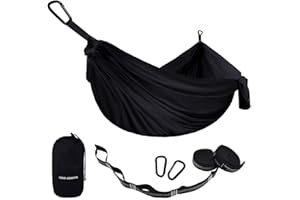 Gold Armour Camping Hammock - USA Brand Single Parachute Hammock (2 Tree Straps 10 Loops/20 ft Included) Lightweight Nylon Portable Adult Kids (Black)