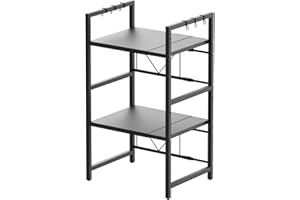7Sevenjokers Erweiterbares Mikrowellen Regal 3 Stufig,Bäckerregal Mikrowelle,Höhenverstellbares Stehendes Regal，Erweiterbar 40-60cm, 6 Haken, Schwarzer Stahl, 40kg Traglast, Für Kleine Küchen