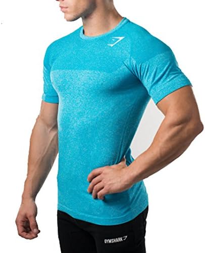 Azyuan Mens GYM Fitness Shirt Athletic Slim Fit Workout Tops Running Training T-shirt Sky Blue,UK L(Tag 2XL)
