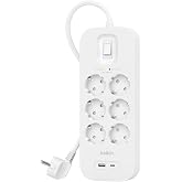 Belkin 6 قطع متعددة المقابس، محمية من الجهد العالي، مثبتة على الحائط، 6 مقابس، كابل طاقة 2 متر، مؤشر الضوء الأخضر، شحن داخلي سريع