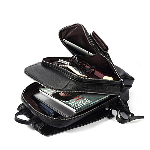 BISON DENIM Lederrucksack Schule Laptop Rucksack Stilvolle Reise Wandern Business Daypack  Black 2PC  