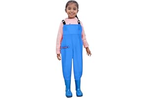 ‎DRALOFAO Wathose für Jungen und Mädchen - Wathose für Kinder, wasserdichte Regenhose mit Stiefeln,Junior Hosenträger Matschhose Regenstiefel,rutschfeste Sohle Gummistiefel für Jugendliche für 2-15 Jahre