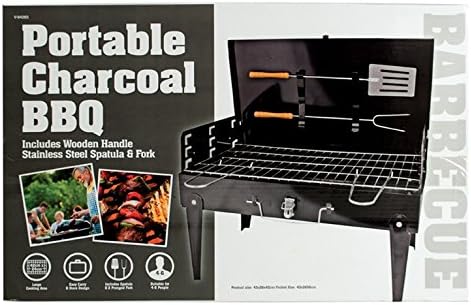 Portable Charcoal BBQ - Barbecue size 42x26x43 - Handy for Garden, Beach, Picnics, Parks, Caravans, Camping, Family etc - Includes Wooden Handle Fork &amp; Spatula - Folds Away for carrying and Storage