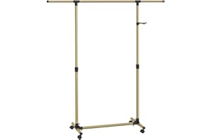 SONGMICS Stand Appendiabiti con Ruote, Attaccapanni, Altezza Regolabile 97-165 cm, Barra Estensibile, Ganci Laterali per Accessori, Oro Pallido LLR001A01