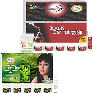 Sibley Beauty Wine Facial Kit Combo of Black Carrot Wine Facial Kit (340 grams) Pack of 7 + Green Tea Anti Ageing Facial Kit ( 165 g) Pack of 6 for oily normal dry skin boys girls men women
