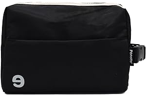 PONETTE - Neceser de Caballero con Asa Lateral en Tejido Tipo Gabardina Negro con Detalle de e en Gris Claro, Hombre, Bolsa Aseo, Viaje, Cremallera, Gimnasio, Chico, Marca Española