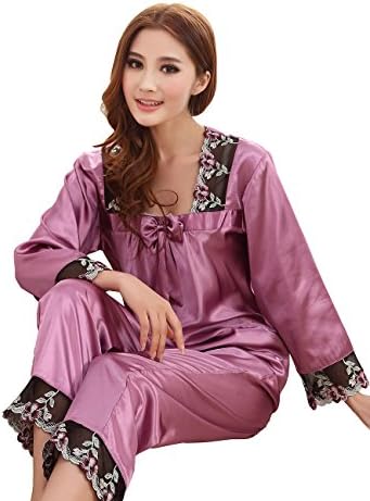 FAPIR Womens Satin Silk Long Sleeve Sleepwear Nightwear Pyjama Set