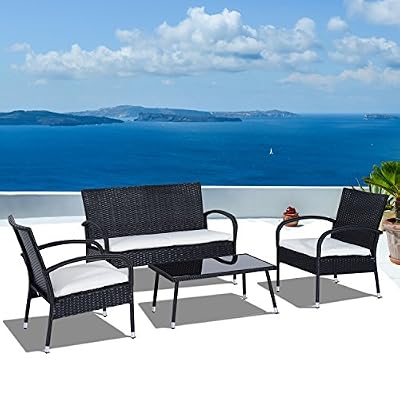 Outsunny Ensemble Meuble Salon de Jardin 4 Places & 1 Table Basse en Rotin Tressé 3 Coussins Hydrofuges Noir