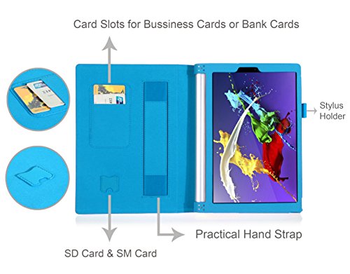 [Ecke Schutz] Lenovo Yoga Tablet 10 Zoll Hülle Tasche, Fyy hochwertige umweltfreundliche KunstlederHülle (Tasche Schutzhülle Case Cover Etui) mit Standfunktion/Aufsteller mit Fach für Kreditkarten elastische Handschlaufe Stift-Haltung (mit automatischer Schlaf/ Weck-Funktion) Blau für Lenovo Yoga Tablet 2 10 Zoll - 2