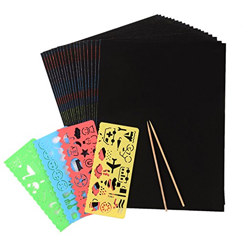 BBTO 20 Blätter 21 x 28 cm Scratch Paper Scratch Boards Schwarz Beschichtet Kunst Doodle Pad Malerei Papier mit 2 Stück Holzstylus und 4 Stück Malerei Lineale