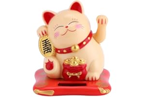 Nikou Waving Cat Solar Powered Lucky Cat Waving Arm Wealth Welcoming Cats Home Car Decor(Beige, Black, White) (Color : Beige)