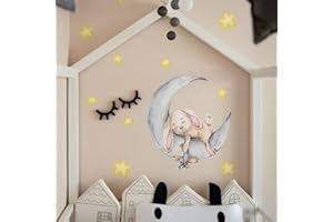 WandSticker4U®,Wall Sticker Rabbit on the Moon I Wall Picture: 58x48 cm I Baby Wall Tattoo Children's Room Stars Sleep Beautiful Dreams Night Sky Cuddle I Wall Sticker for Girls and Boys Decoration