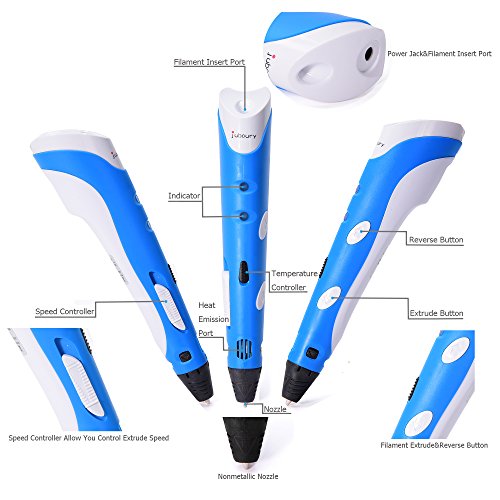 Juboury JBY-I 3D-Pen.Stift für 3D Zeichnungen zur Erstellung von dreidimensionalen Zeichnungen, Kunstwerken, Modellen von Hand. Kompatibel mit 1,75 mm ABS und PLA Filament (Blau) - 2