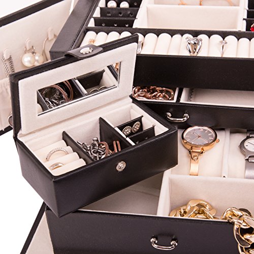 TRESKO® Schmuckkästchen Uhrenschatulle Uhrenbox Schmuckschatulle Schmucketui Schmuckbox mit Mini-Schmuckkasten für die Handtasche aus Kunstleder in schwarz, 17 Fächer, Tragegriff - 5