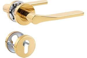 SORWDUERM Poignée de porte PVD Gold - En acier inoxydable mat - Pour porte d'entrée et porte intérieure - En forme de L - Cylindre profilé - Rosace ronde