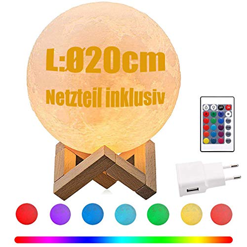 Lampe Lune 3D 20cm 16 Couleurs USB Rechargeable Interrupteur Tactile Télécommande Lampe de Chevet Veilleuse Lampe de Décoration avec Support en Bois/Adaptateur Secteur