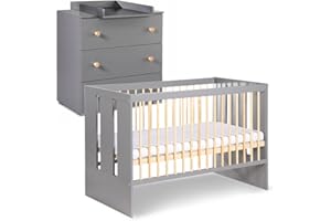 Mon Mobilier Design Pauline Ensemble Commode à Langer + lit bébé Gris/Bois 120x60 cm