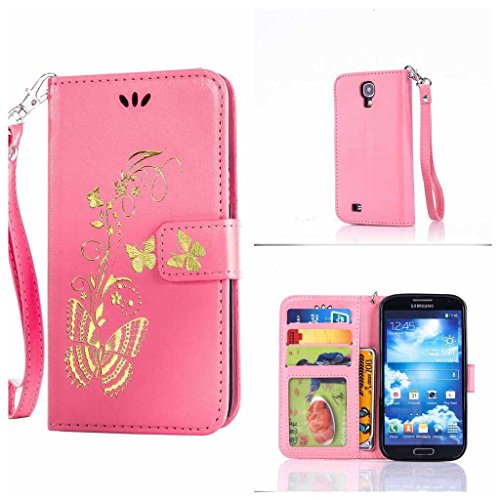 Galaxy S4 Hülle Ledertasche [mit Frei Hartglas Displayschutzfolie], KKEIKO® Schutzhülle PU Leder Tasche Hülle Case für Samsung Galaxy S4, Wickelfalz Handyhülle mit Bändselloch Standfunktion Karteneinschub und Magnetverschluss, Kratzfeste Lederhülle Flip Wallet (Pink #8)