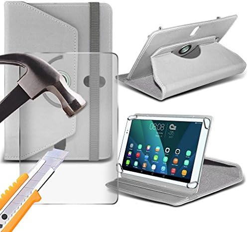 (White) Hannspree HANNSpad 101 Hercules [ 10.1 inch] Case [Stand Cover] for Hannspree HANNSpad 101 Hercules [ 10.1 inch] Tablet PC Case Cover Tablet Durable Synthetic PU Leather 360 Rotating cover Case with 4 springs WITH GENUINE TEMPERED GLASS SCREEN PROTECTOR by i- Tronixs¨