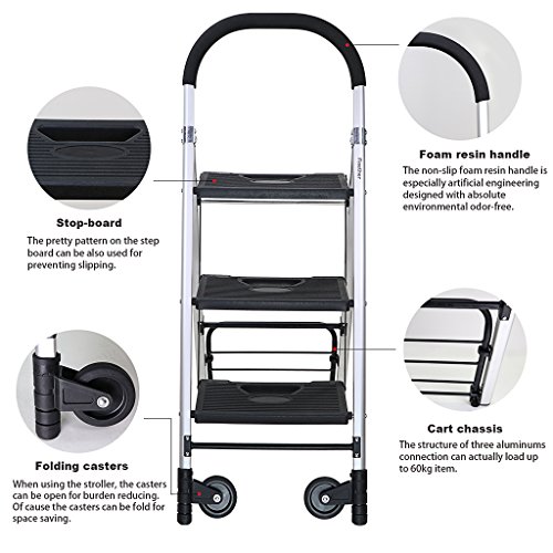 Finether 2-in-1 Klapptrittleiter & Sackkarre | Alu Leiter Klappleiter Trittleiter Klapptritt Stufenleiter Stehleiter Haushaltsleiter klappbar 3 Stufen bis 180 kg belastbar | Transportkarre Handkarre Paketroller Kistenkarre mit 2 Rädern faltbar bis 60 kg belastbar - 9