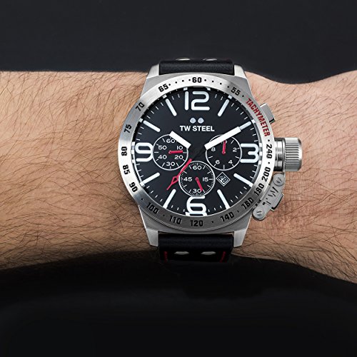 TW Steel Canteen Leather Unisex Quartz Watch with Black Dial Chronograph Display and Black Leather Strap CS10