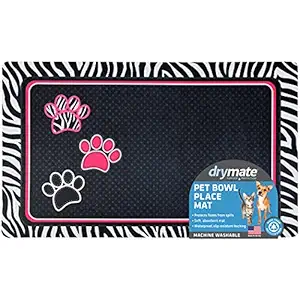Drymate Pet Bowl Placemat, Dog & Cat Food Feeding Mat - Absorbent Fabric, Waterproof Backing, Slip-Resistant - Machine Washable/Durable (USA Made) (12?? x 20??) (Zebra/Paws Black)