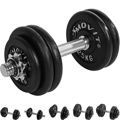 MOVIT® Gusseisen Kurzhantel Set, Varianten 1x10 bis 1x30 kg, Stangen gerendelt mit Sternverschlüssen