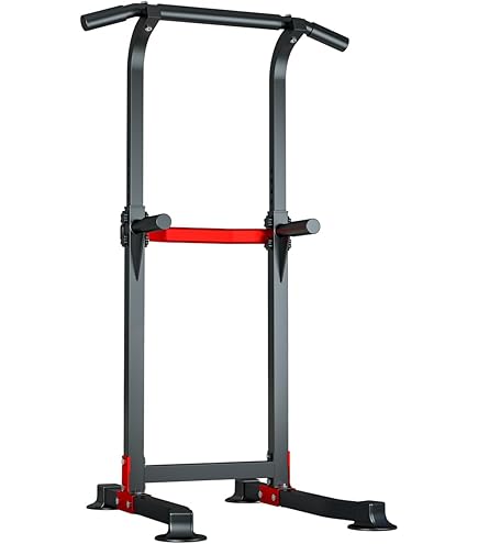 SogesHome Power Tower Pull Up Bar en Dip Station Verstelbare Hoogte Dip Stand Multifunctionele Krachttraining Fitness Workout Station, Zwart