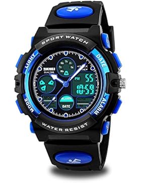 Kinder Sport Outdoor Digital Analog Quarz Dual Time Zone Wasserdichte PU Harz Band Uhr mit Chronograph, Wecker...