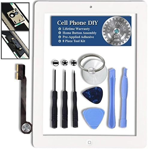 Cell Phone DIY White iPad 4 Digitizer Replacement Screen Front Touch Glass Assembly Replacement - Includes Home Button + Camera Holder + Pre-Installed Adhesive with Tools – Repair Kit