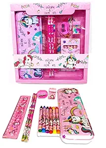 Brand Conquer Combo of Unicorn Pen(Glitter) with Kids Cartoon Hello Kitty Printed Stationary Set for Girls Boys - with Pencil case,Two Pencils Eraser, Scale, Sharpener and Crayon.