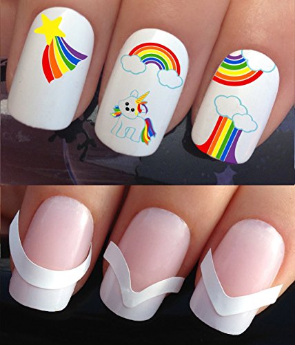 WATER NAIL TRANSFERS DECALS STICKERS ART SET #677 & 172. **plus x48 nail tip guides!!** x20 CUTE BABY UNICORN RAINBOW & CLOUDS TATTOO WRAPS & x48 FRENCH MANICURE TIP GUIDES! CAN BE USED WITH NATURAL GEL ACRYLIC STICK ON NAILS! OR WITH GLITTER DUST CAVIAR BEADS ALLOYS DECORATIONS CONFETTI FIMO SHAPES TAPE PENS RHINESTONES!