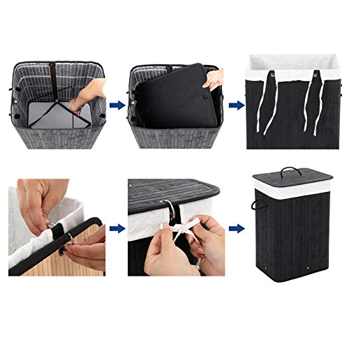 Songmics 3 Griffe Faltbar Bambus Wäschekörbe Wäschebox Wäschetruhe Wäschesammler Wäschetonne Wäschewagen Schwarz Eckig LCB10H - 8