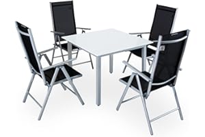 CASARIA Salon de Jardin Aluminium Bern 4+1 Argent Chaise Pliante Dossier Haut 7 Positions terrasse Balcon Ensemble Table et chaises