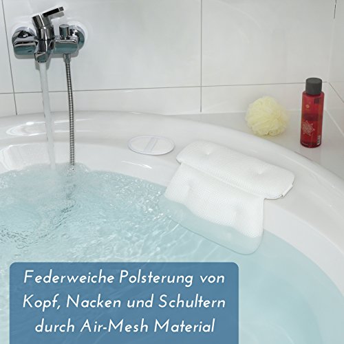 Hochwertiges Badewannenkissen zur angenehmen Polsterung von Kopf, Nacken und Schultern – rutschfester Halt durch Saugnäpfe – inkl. GRATIS Massage Schwamm – Nackenkissen, Wannenkissen, Komfort Badekissen - 5