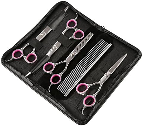 Akemiao Dog Grooming Scissors 5Pcs Stainless Steel Pet Curved Haircut and Comb Kit with Pouch(Random Color)