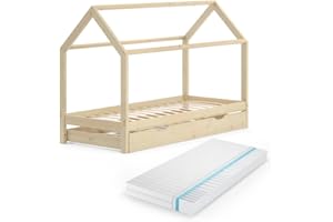 VitaliSpa Letto montessori bambini Wiki, Legno naturale, 90x200 cm con letto per ospiti e materasso