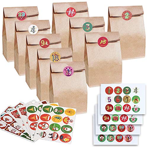 Download Calendrier de l'Avent, YIKE 24 Sacs en Papier pour Calendrier de l'Avent avec Autocollants, 24pcs Sac Cadeau en Papier Kraft pour Noël +111pcs Autocollants Stickers Noël