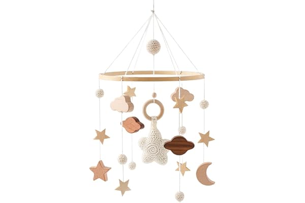 Surakey Mobile Bébé Bois, Mobile Bebe Musical, Carillon De Vent Mobile Étoile Tricotée à La Main - Décoration de Chambre de Bébé Fille Et Garçon, Décoration De Maison, Ornements, Suspendus de Porte