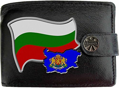 Bulgaria Flag Bulgarian Map and Coat of Arms COA KLASSEK Mens Wallet Real Black Leather RFID Blocking with Coin Pocket and Metal Gift Box