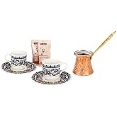 Topkapı &Ccedil;ini İşlemeli Porselen Kahve Fincanı Seti, 2 Kişilik, Cezve Hediyeli (Hafif cezveli)